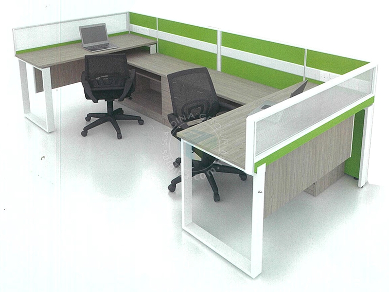 Workstation Cluster of 2 c/w Full board Partition & Half glass Panel, Rectangular shape table, Square metal leg & side cabinet | Model SGWS-FR202
