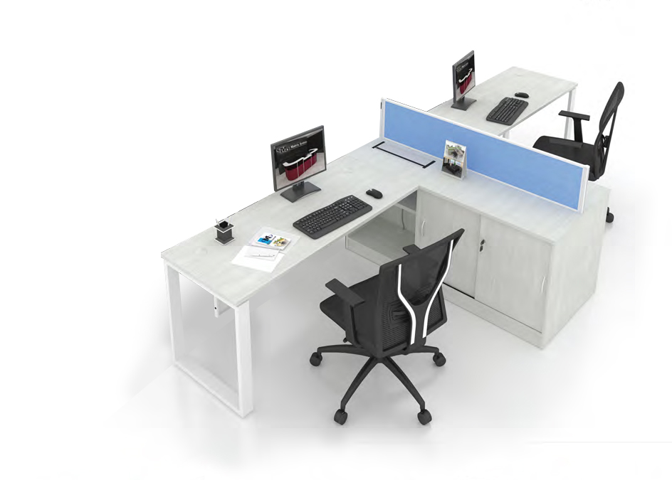 Desking system 2 seaters c/w Rectangular shape table, Square Metal Leg, Divider Panel board & Low Sliding Cabinet | Model SGWS-FR203