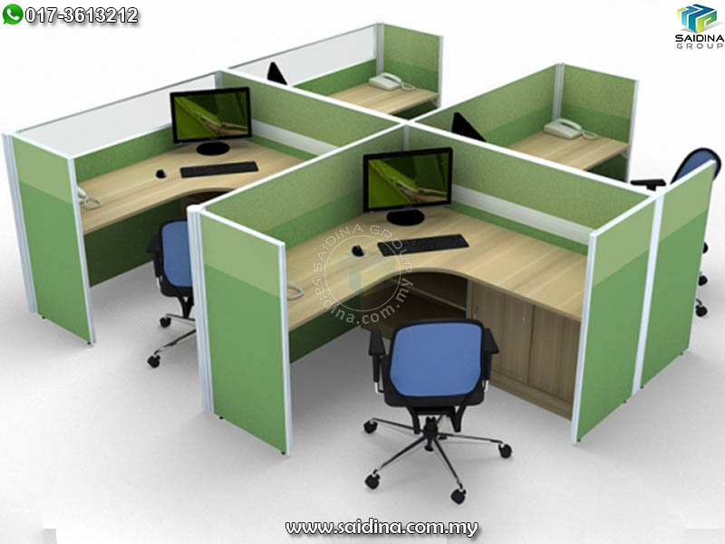 Workstation (4 seater) c/w L shape table, Full Board & Half glass partition & Low Sliding Cabinet | Model SGWS-GL412