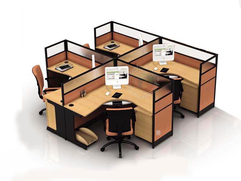Workstation Cluster of 4 c/w Half Glass partition, L shape tables & 2D+1F Mobile Pedestal | Model SGWS-GL428