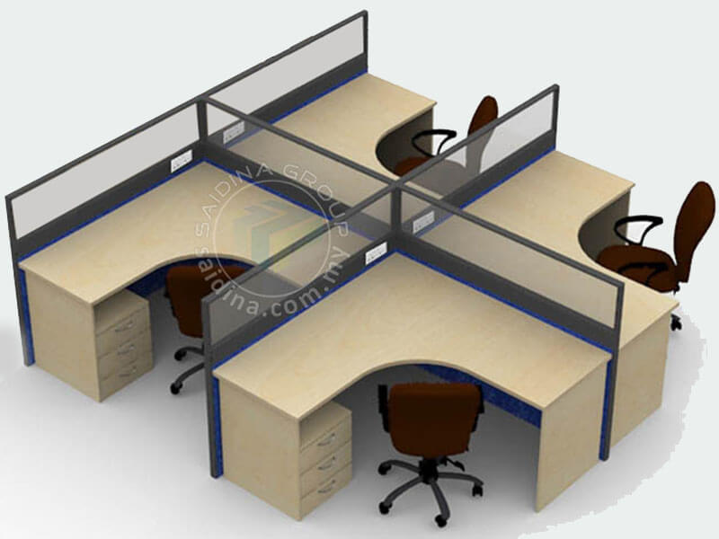 Workstation Cluster of 4 c/w L shape tables, Half Glass Partition & 3D Pedestal | Model SGWS-iL412