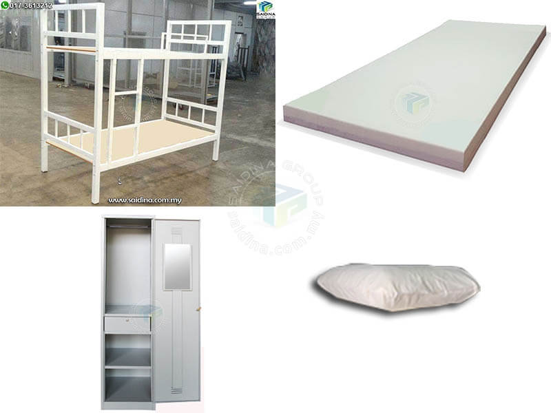HOSTEL FURNITURE PACKAGE | DOUBLE-DECKER SINGLE BEDS + MATTRESS & PILLOW + WARDROBE | PACKAGE HSTL-04