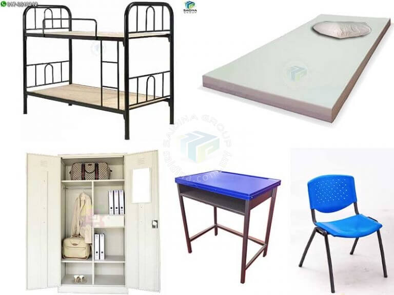 Hostel Furniture Package | Double-Decker Single Bed + Mattress & Pillow + Wardrobe + Study Desk + Chair | Package HSTL-23