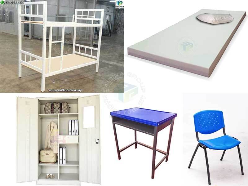 Hostel Furniture Package | Double-Decker Single Bed + Mattress & Pillow + Wardrobe + Study Desk + Chair | Package HSTL-24