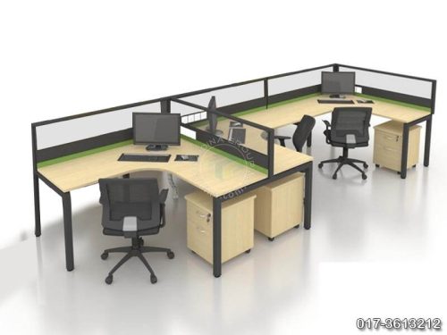 Workstation (3 seater) c/w L shape table, U metal leg, Half glass partition & Pedestal